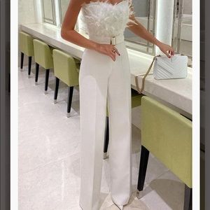 Feathered Strapless Jumpsuit
